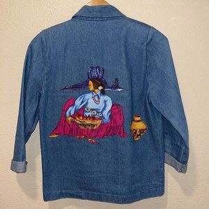 VTG 90’s Denim Blazer Coat Custom Native American‎ Scene XP Small Shoulder Pads